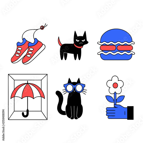 Stickers Set of Cute Cartoon Icons Including Sneakers Cat Burger Umbrella and Flower