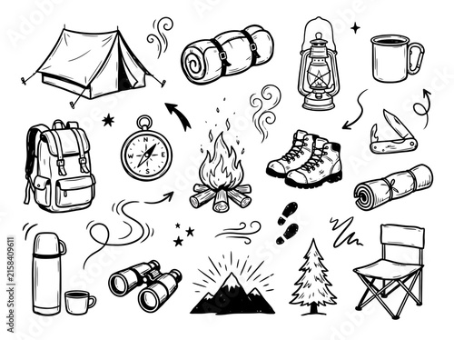 Hand-drawn camping and hiking doodle elements collection featuring tents, backpacks, and campfires