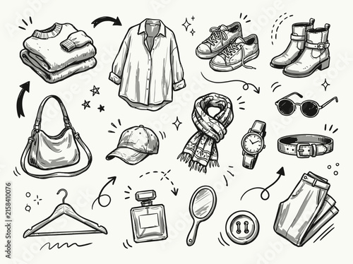 Hand-drawn sketch of fashion accessories and clothing items, featuring a sweater, shirt, scarf, shoes, bag, hat, watch, and belt, all illustrated in a whimsical doodle style with playful arrows
