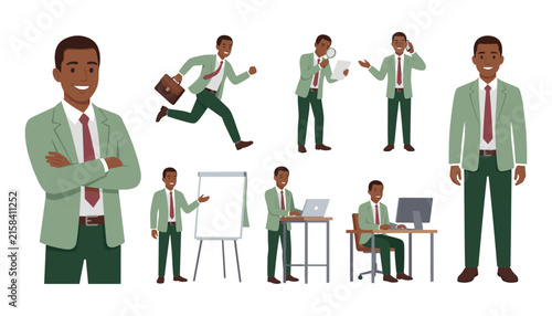 Canvas Print Black businessman character turnaround sheet with multiple poses working running