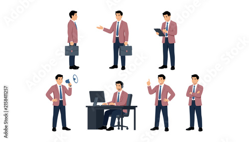 Photography Businessman character turnaround sheet with multiple poses working at desk speak