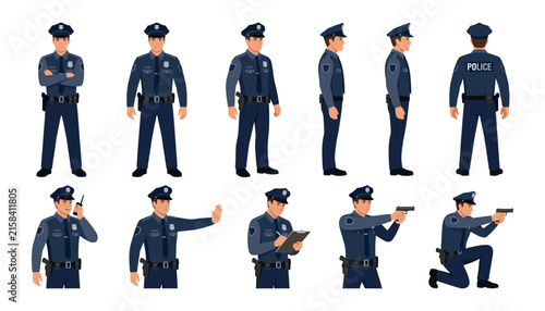 Bild auf Leinwand Police officer character sheet vector illustration set featuring security guard
