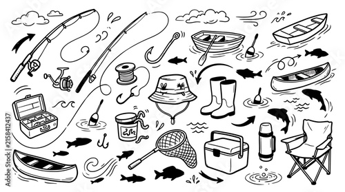 Hand drawn fishing equipment doodles set with fishing rod boat hook tackle box boots and outdoor recreation icons vector illustration