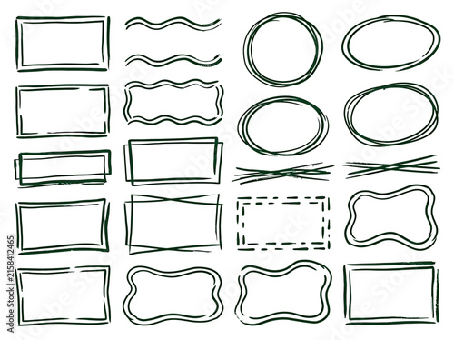 Set of hand drawn sketch frames borders scribble rectangles circles and underline elements isolated on white background