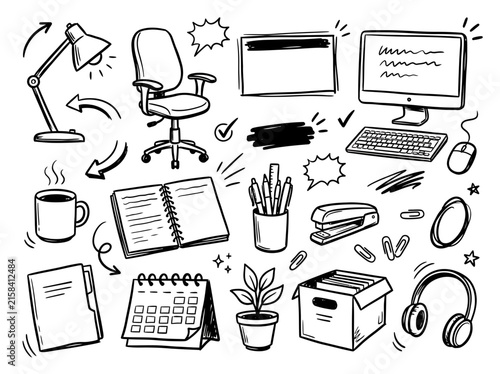 Doodle set of office supplies and business equipment including computer chair desk lamp notebook and coffee mug on white background