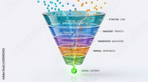 3D Glass Sales Funnel Infographic Showing Lead Generation and Customer Conversion Process
