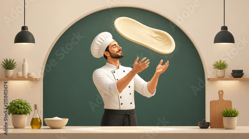 Professional chef tossing pizza dough in a modern kitchen studio