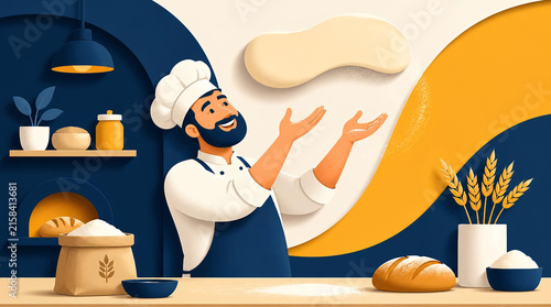 Professional baker tossing pizza dough in a stylized kitchen
