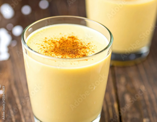 Golden eggnog in clear glass with cinnamon garnish on rustic wooden table, creating warm festive Christmas drink scene with softly blurred glass in background