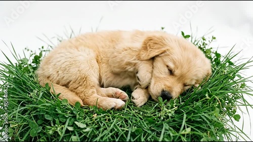 Golden retriever puppy sleeping peacefully in green grass.
