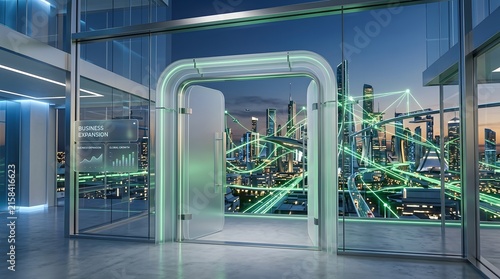 Futuristic Glass Portal Door Opening to Connected Global City with Business Expansion Dashboard