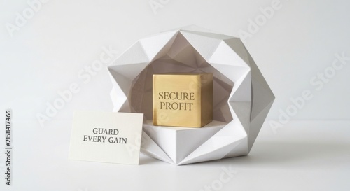 Golden Cuboid with 'Secure Profit' Text Inside Geometric Structure Guarded by Card