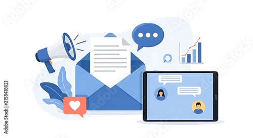 Digital communication and marketing concept featuring a professional envelope with a megaphone, interactive tablet chat interface, data analytics growth charts, and social media engagement heart icons