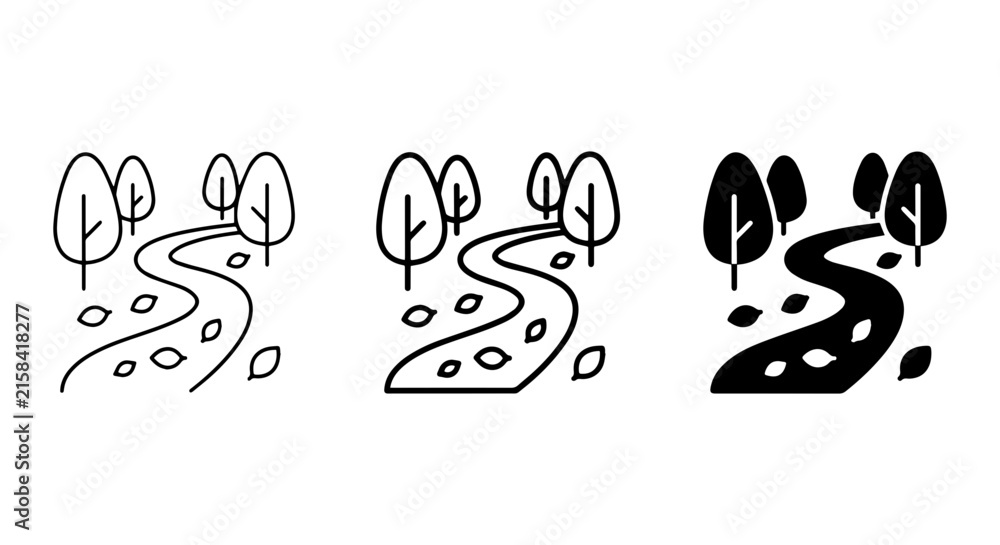 Obraz premium Autumn Path Icons, Winding Road Vector Set, Falling Leaves, Tree Line, Seasonal Nature Graphics