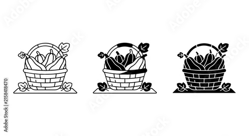 Foto Harvest Basket Vector Icons, Autumn Vegetables, Fall Produce, Thanksgiving Food,
