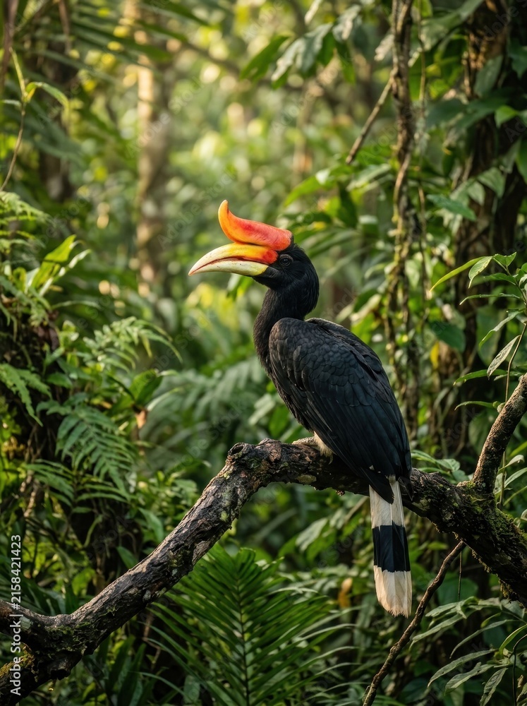 Fototapeta premium Rhinoceros Hornbill Perched on a Branch in a Lush Rainforest.