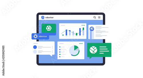 Robo-advisor Fintech App Interface on Tablet with Financial Charts and Analytics Dashboard Illustration