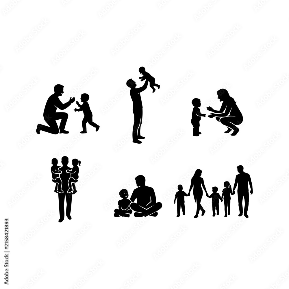 Obraz premium Black silhouettes collection of happy family members playing and bonding on white background.