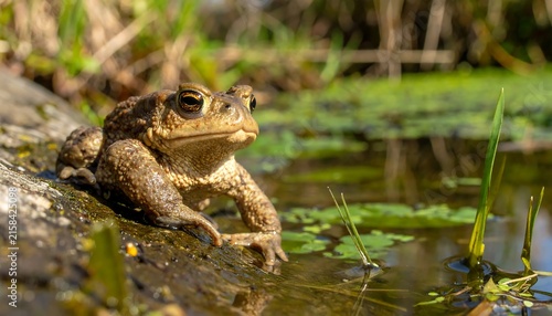 Close-up of a camouflaged frog on a leaf.