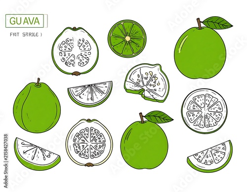 Fresh green guava fruit and leaves with seeds.