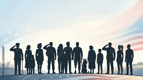 Veterans day silhouette group of military personnel and civilians standing together against a stylized american flag background with armed forces military soldiers