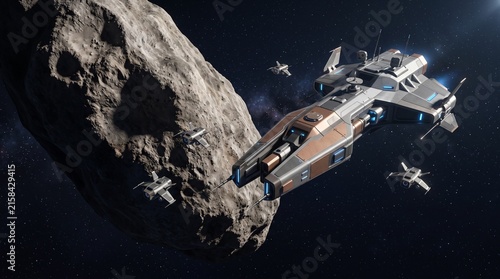 Mining spacecraft approaching large asteroid in deep space with spacecraft