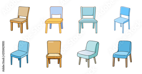 Four colorful children's chairs in a row - Brightly colored wooden and plastic chairs arranged neatly, ideal for kids' rooms or educational settings.