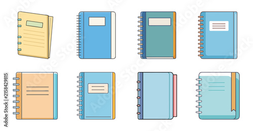 Set of colorful notebooks and books illustration - Bright and cheerful vector illustration of eight different notebooks and books arranged neatly in two rows.