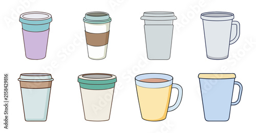 Six colorful coffee cups with lids and saucers - A cheerful set of six diverse coffee cups, each with a lid and saucer, in different colors and styles arranged neatly in two rows.