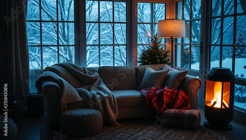 Cozy interior with soft heater glow and blankets