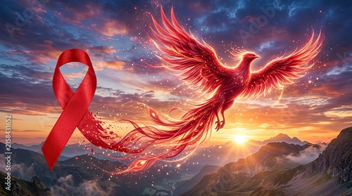 Veterans day red awareness ribbon and fiery phoenix rising above sunset mountains with awareness mountains transformation majestic landscape strength abstract