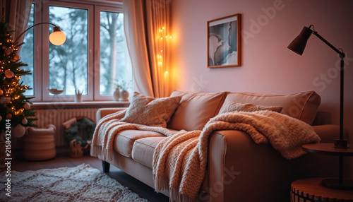Glowing heater lights cozy living room