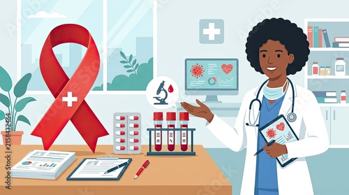 Veterans day healthcare professional showing medical research for hiv aids awareness with research healthcare laboratory analysis microscope physician hospital
