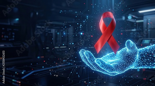 Veterans day digital glowing hand holding a red awareness ribbon in dark technical space with awareness technology connection protection abstract innovation
