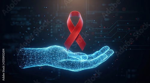 Veterans day red awareness ribbon held in a digital glowing human hand with awareness technology conceptual protection humanity education treatment community