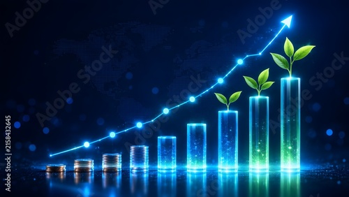Futuristic green technology investment concept showing plant sprouts in glowing cylinders with coin stacks and upward digital growth graph.