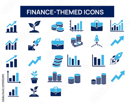 Cuadro en lienzo Finance-themed flat icons set, including growth charts, money stacks, and invest
