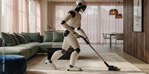 Futuristic Humanoid Robot Vacuuming A Rug In A Modern Minimalist Living Room With Sofa And Wall Art, Home Automation And Robotic Housekeeping With Artificial Intelligence And IoT Technology
