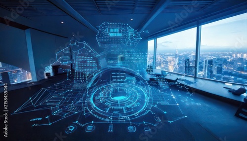 Futuristic office with city view technology.