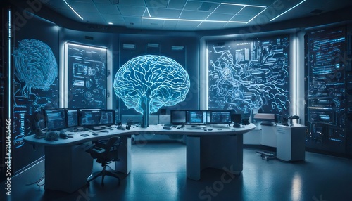Futuristic office space with brain screens.