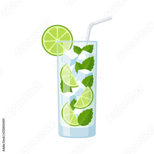 Mojito cocktail with lime and mint in a glass with a straw