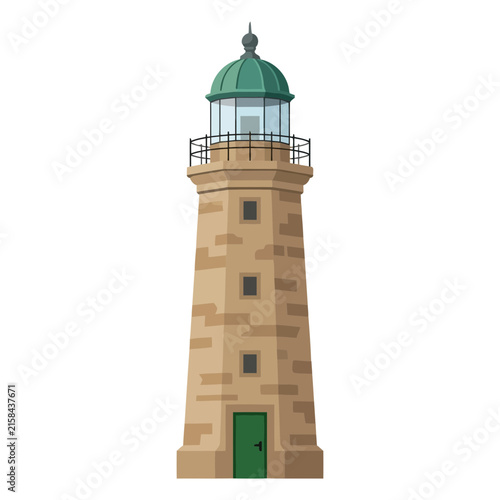 Stone lighthouse building isolated on white background
