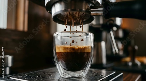 Professional espresso extraction pouring into a double walled glass cup with thick crema layer
