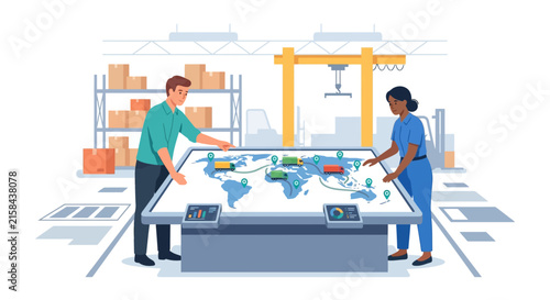Logistics specialists managing global supply chain distribution on a digital touch interface flat vector element.