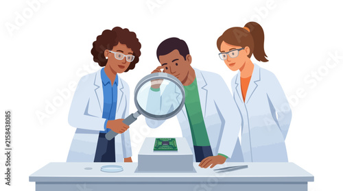 Multicultural team of scientists researching microchip technology with magnifying glass flat vector illustration.