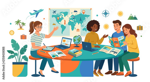 Professional travel agents planning holiday itinerary with happy clients using world map flat vector illustration.