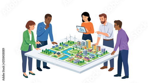 Diverse team of urban planners discussing a sustainable smart city model during collaborative meeting flat vector element