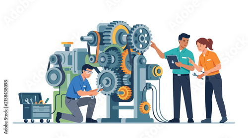Professional technical team performing machinery maintenance and troubleshooting flat vector element.