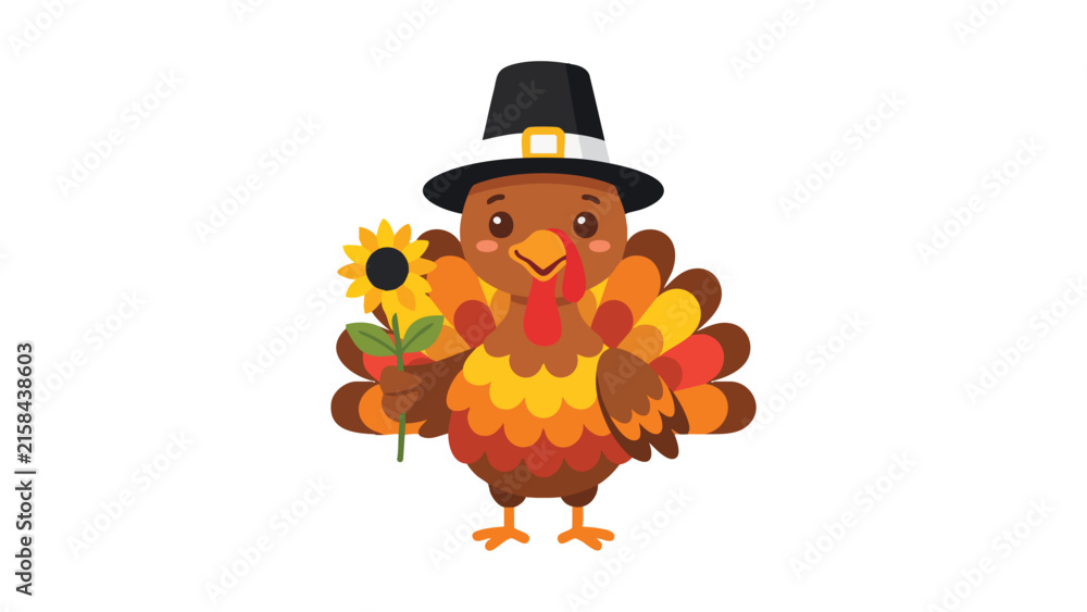 Fototapeta premium Thanksgiving Turkey Cartoon Wearing a Pilgrim Hat and Holding a Sunflower for Holiday Greeting