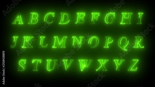 Glowing Neon Green English Alphabet Letters A to Z Full Set Animated Typography Loop on Dark Background, Futuristic Cyberpunk Electric Light Font for Title Video Editing, Text Motion Graphics